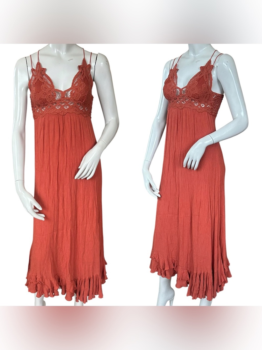 Free People FP One Adella Burnt Orange Lace Trim Maxi Slip Dress Size XS